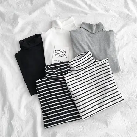 2024年新款春秋冬季条纹洋气上衣秋衣高领内搭加绒加厚打底衫女装商品大图