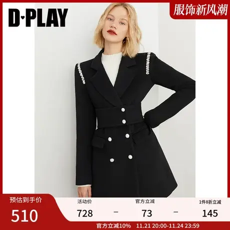 DPLAY秋季装名媛气质黑色双排扣西装羊毛呢大衣图片