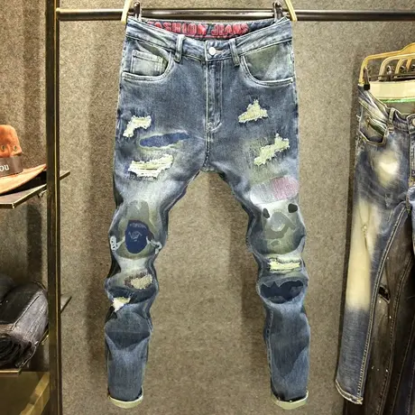 破洞针缝乞丐裤子男潮牌修身小脚长裤男士韩版潮流刮烂补丁牛仔裤商品大图