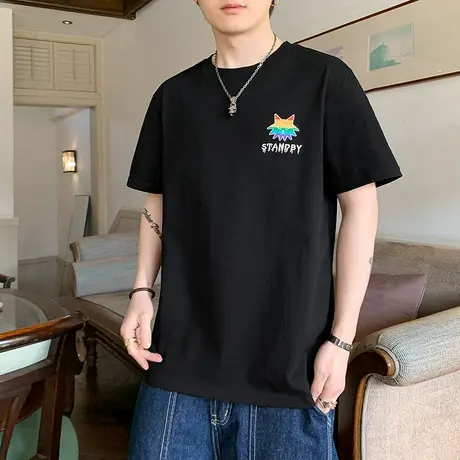 夏天男生黑色T恤短袖夏季潮牌圆领情侣装2024新款男士纯棉上衣服商品大图