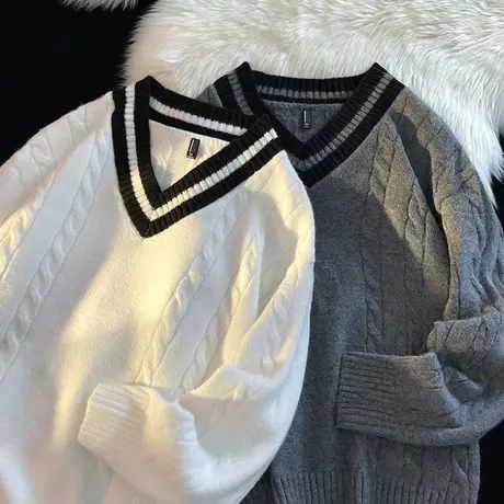 长袖v领毛衣男士秋冬季潮牌情侣款慵懒风oversize男生针织羊毛衫商品大图