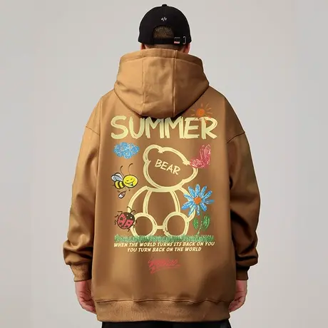 小熊卡其色美式复古重磅卫衣大码春秋冬连帽加绒胖子外套男生宽松图片