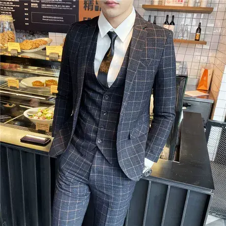 西服男套装修身正装三件套韩版西装格子毕业伴郎新郎结婚礼服潮流商品大图