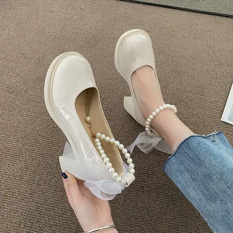 蝴蝶结玛丽珍高跟鞋女2024春秋新款复古法式圆头珍珠白色粗跟单鞋商品大图