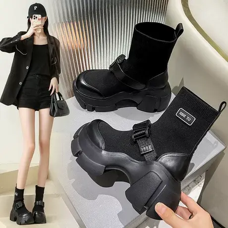 2023欧州站秋季新款小众弹力袜靴女短靴松糕厚底粗跟瘦瘦靴小码图片