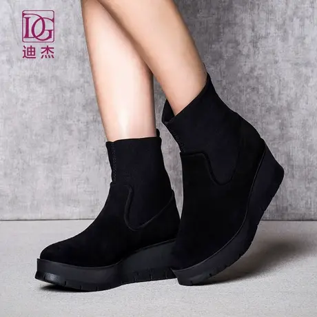 DG迪杰 秋冬羊皮真皮绒面短靴女舒适时尚坡跟厚底弹力布靴子图片
