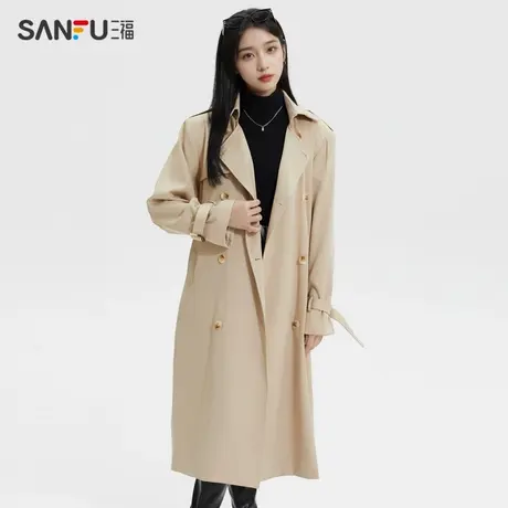 三福单外套2023秋层次感翻领单排扣宽松长款风衣女装476962商品大图