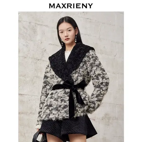 MAXRIENY复古翻领羽绒棉外套女冬款毛呢上衣减龄商品大图
