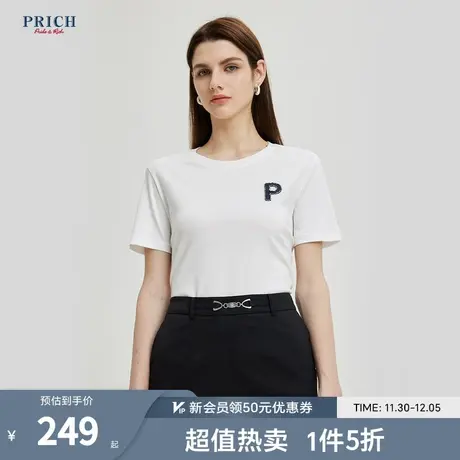 PRICH2023夏新珠绣装饰字母logo舒适柔和T恤棉短袖上衣女商品大图