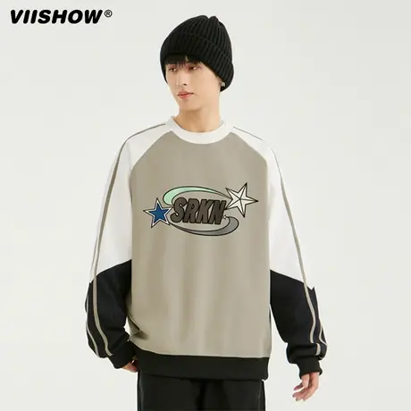 VIISHOW卫衣男士秋冬季重磅宽松加绒加厚插肩袖撞色拼接条纹上衣商品大图
