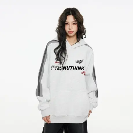 Nuthink美式潮牌字母插肩袖加厚卫衣男潮流宽松保暖连帽外套春季商品大图