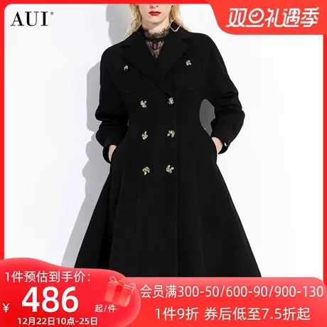 AUI黑色赫本风收腰毛呢外套女冬2023新款高端气质中长款呢子大衣商品大图