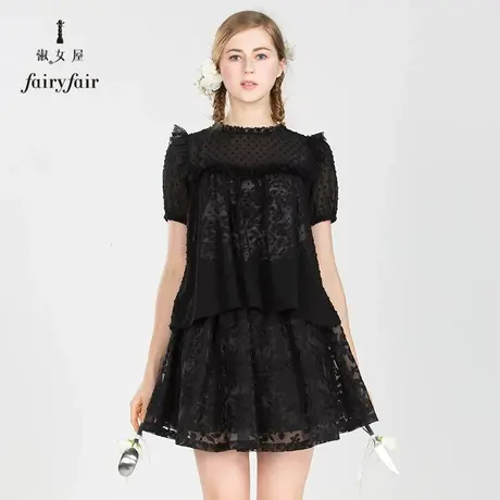 淑女屋夏装新款圆领透视黑色女装上衣衬衫短袖衬衣女图片