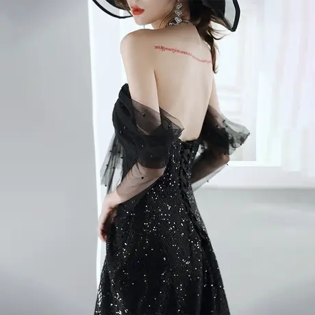 黑色小礼服裙女宴会气质小个子平时可穿优雅显瘦高端晚礼服连衣裙图片