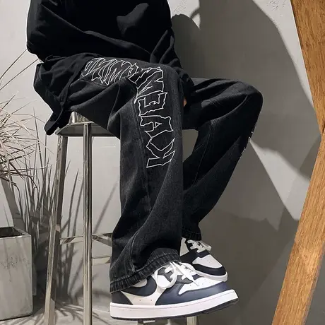 牛仔裤男港风宽松直筒薄款ins潮流美式复古设计感字母休闲裤长裤商品大图