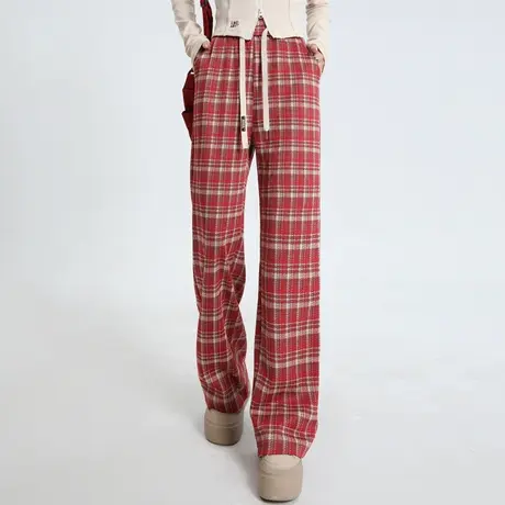 2024春季新款红色格子裤女休闲阔腿裤松紧腰直筒今年流行爆款裤子商品大图