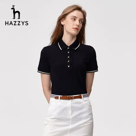 Hazzys哈吉斯奥莱短袖撞色领边POLO衫女夏季修身T恤休闲纯棉体恤商品大图