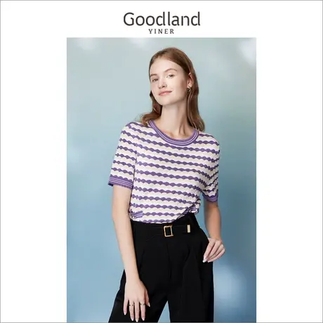 Goodland美地女装2023夏季圆领撞色波浪条纹饰扣短袖针织衫商品大图