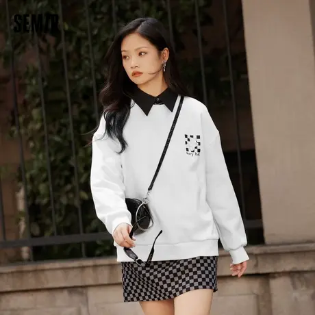 森马卫衣女棋盘格小众图案加绒冬oversize撞色圆领打底衫图片