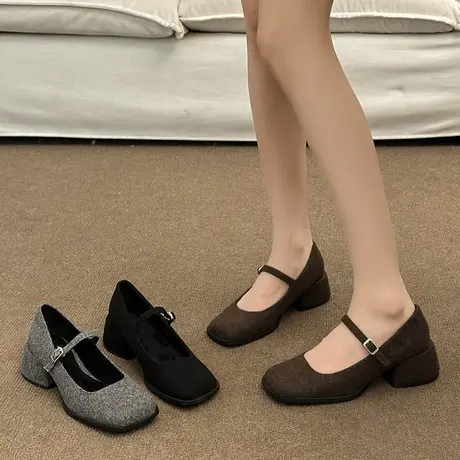 法式晚风气质粗跟玛丽珍鞋2024新款高级复古仙女呢子毛毛浅口单鞋图片