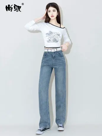 蓝色高腰牛仔直筒裤女2024年春季新款磨白做旧拖地裤显高显瘦裤子商品大图