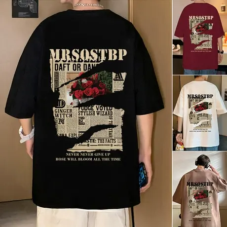 纯棉美式短袖t恤男夏季新款休闲半袖宽松潮流复古做旧玫瑰体恤衫商品大图