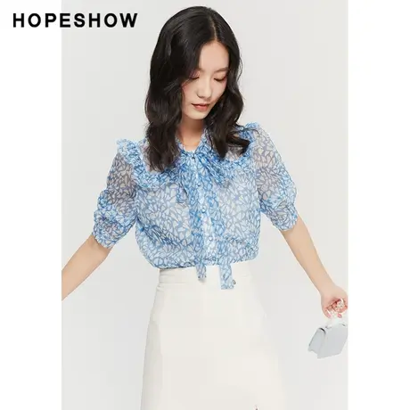红袖outlets爱心印花雪纺衫hopeshow2023夏季新款女装飘带领上衣商品大图