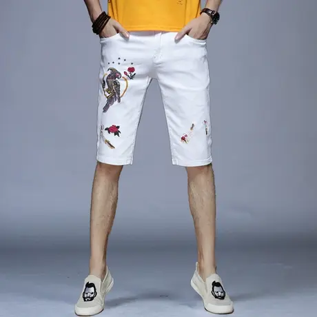 男士刺绣花白色五分牛仔短裤男秋款男款休闲中裤裤子修身潮牌宽松图片