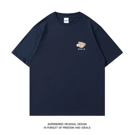 趣味简约卡通小熊印花短袖t恤男夏季纯棉情侣宽松休闲半袖体恤商品大图
