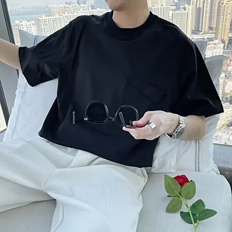 短袖T恤男夏季新款ins纯色半截袖小众高级感轻熟休闲口袋半袖上衣图片