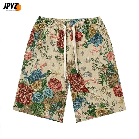 夏季休闲裤子男款直筒宽松潮流花卉刺绣印花五分裤休闲裤子男士商品大图