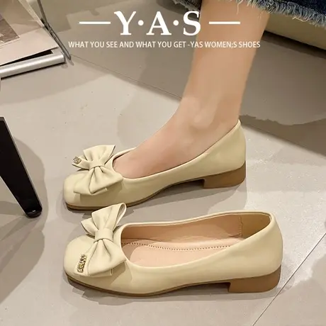 蝴蝶结单鞋女2024年春季新款时尚百搭仙女风浅口方头低粗跟奶奶鞋图片