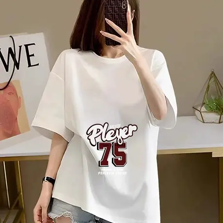 韩版白色字母印花短袖T恤女美式正肩街头宽松大码小众设计感上衣商品大图
