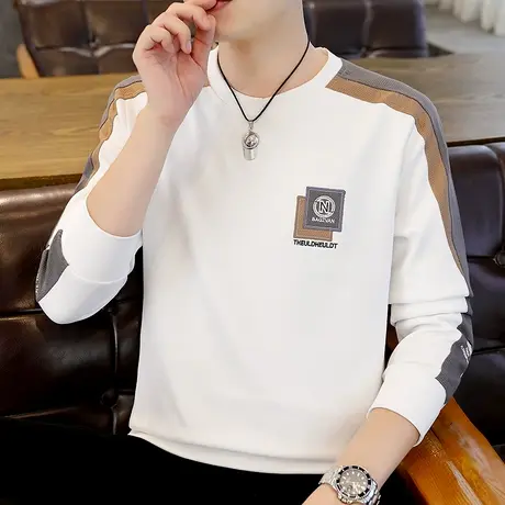 长袖t恤男款春秋季美式潮牌休闲卫衣ins拼接设计感撞色圆领秋衣服商品大图