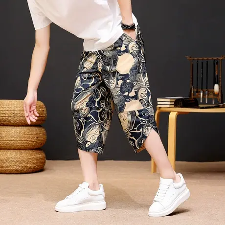 哈伦七分裤男士夏季薄款休闲运动短裤国潮韩版潮牌百搭中裤子马裤图片