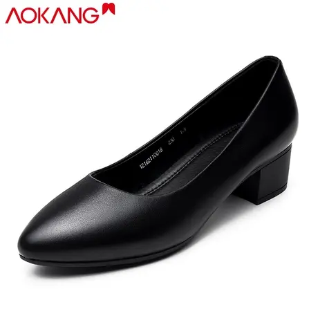 奥康新款女鞋工作鞋黑色面试酒店职业鞋软底皮鞋高跟粗跟单鞋女鞋商品大图