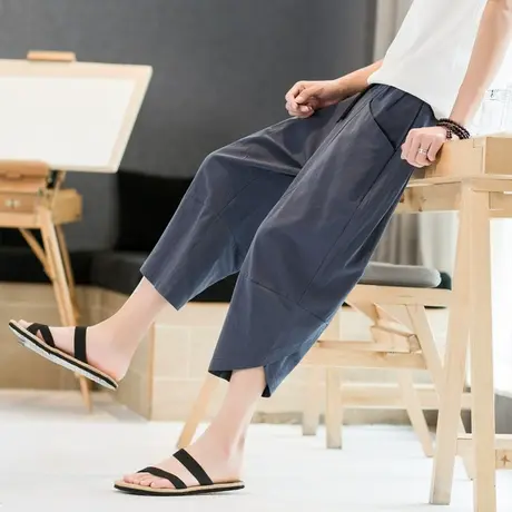 夏季亚麻七分裤男短裤薄款宽松萝卜裤中国风潮牌棉麻休闲裤7分裤商品大图