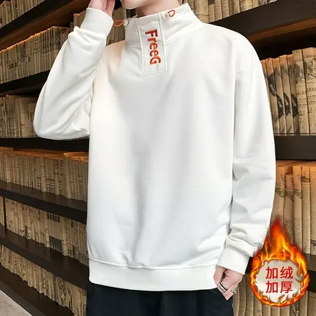 男士长袖t恤秋冬季2023新款青少年半高领内搭打底衫加绒加厚卫衣商品大图