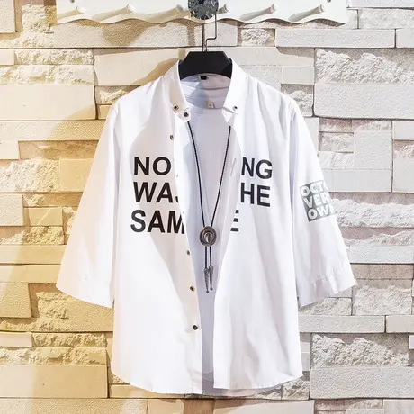 男士短袖衬衫夏季宽松透气七分袖衬衣字母印花暗扣青少年男装寸衫商品大图