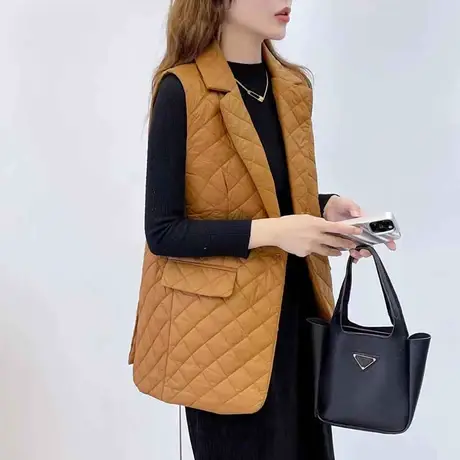 网红爆款棉马甲女2022秋冬季新款气质西服领菱形格子显瘦夹棉马夹商品大图