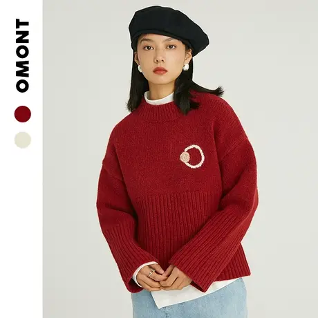 omont蛋挞家 复古手绣仿棉羊绒新年毛衣女红色毛针织衫短款厚冬季图片