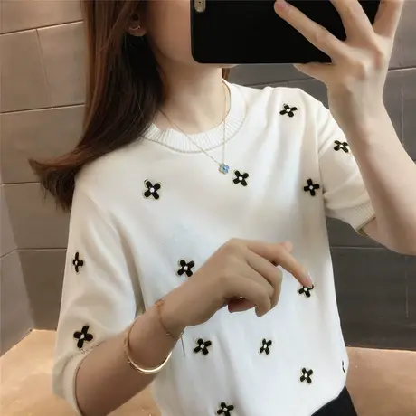 2023夏季新款韩版小香风针织冰丝短袖T恤女设计感薄款半袖上衣潮商品大图