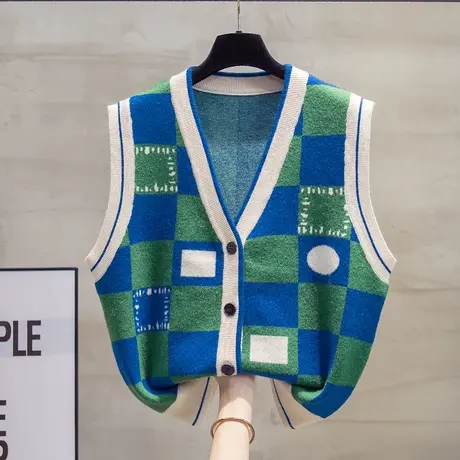 棋盘格v领针织开衫马甲背心女2023秋装新款宽松马夹拼色毛衣坎肩商品大图