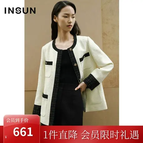 [触感香风]恩裳COVER2023年早春新款简约黑白配色轻量软花呢外套商品大图