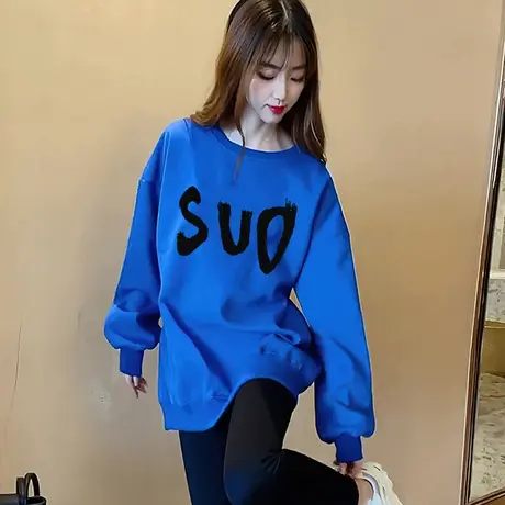 克莱因蓝卫衣女2023新款慵懒风oversize落肩中长款遮屁股秋冬外套商品大图