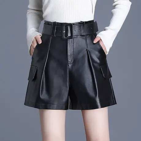 黑色休闲皮短裤女高腰2023春秋新款宽松a字阔腿裤外穿显瘦PU皮裤图片