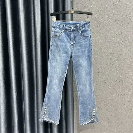 钉珠烫钻时尚牛仔裤女潮2023春夏新款百搭修身显瘦气质欧货微喇裤商品大图