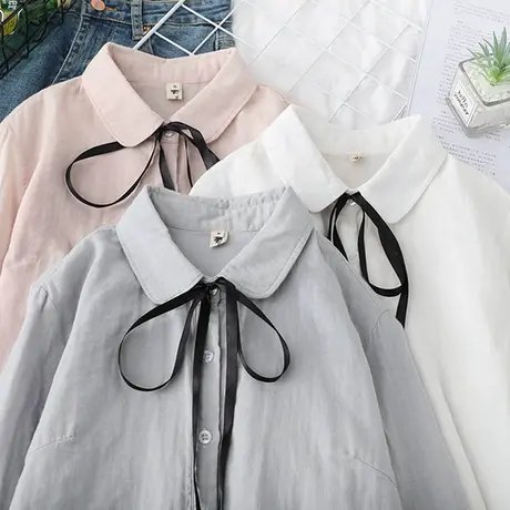 2020春秋新款日系文艺双层棉纱白色系带长袖衬衫女娃娃领打底衬衣图片