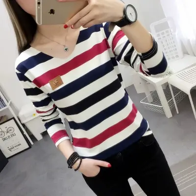 条纹长袖t恤女2023秋装新款韩版宽松显瘦休闲百搭内搭打底衫上衣商品大图