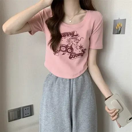 不规则卡通印花正肩t恤短袖女夏季新款韩版修身弧形下摆上衣短款商品大图